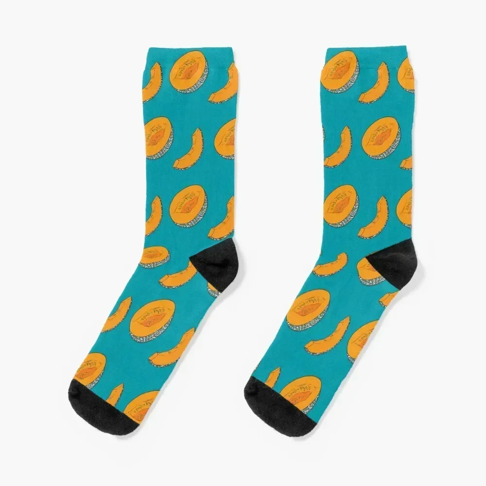 Pattern with melon slices and halves on blue background Socks Wholesale shoes Socks For Women Men's