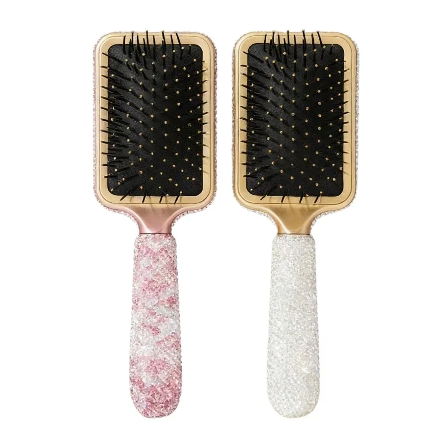 Luxury Gem-Encrusted Cushion Hair Brush - Long Handle Head Massage Comb, Women's Hair Care & Styling Tool, Portable Travel Essential