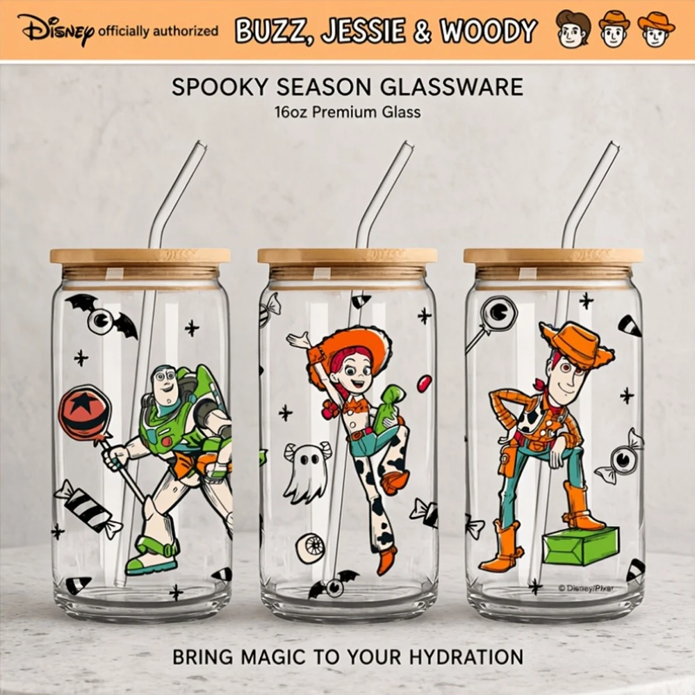 1pc 16oz Disney Toy Story Characters Halloween Glass Tumbler with Lid & Straw Design Reusable Drinkware for Home Office Party