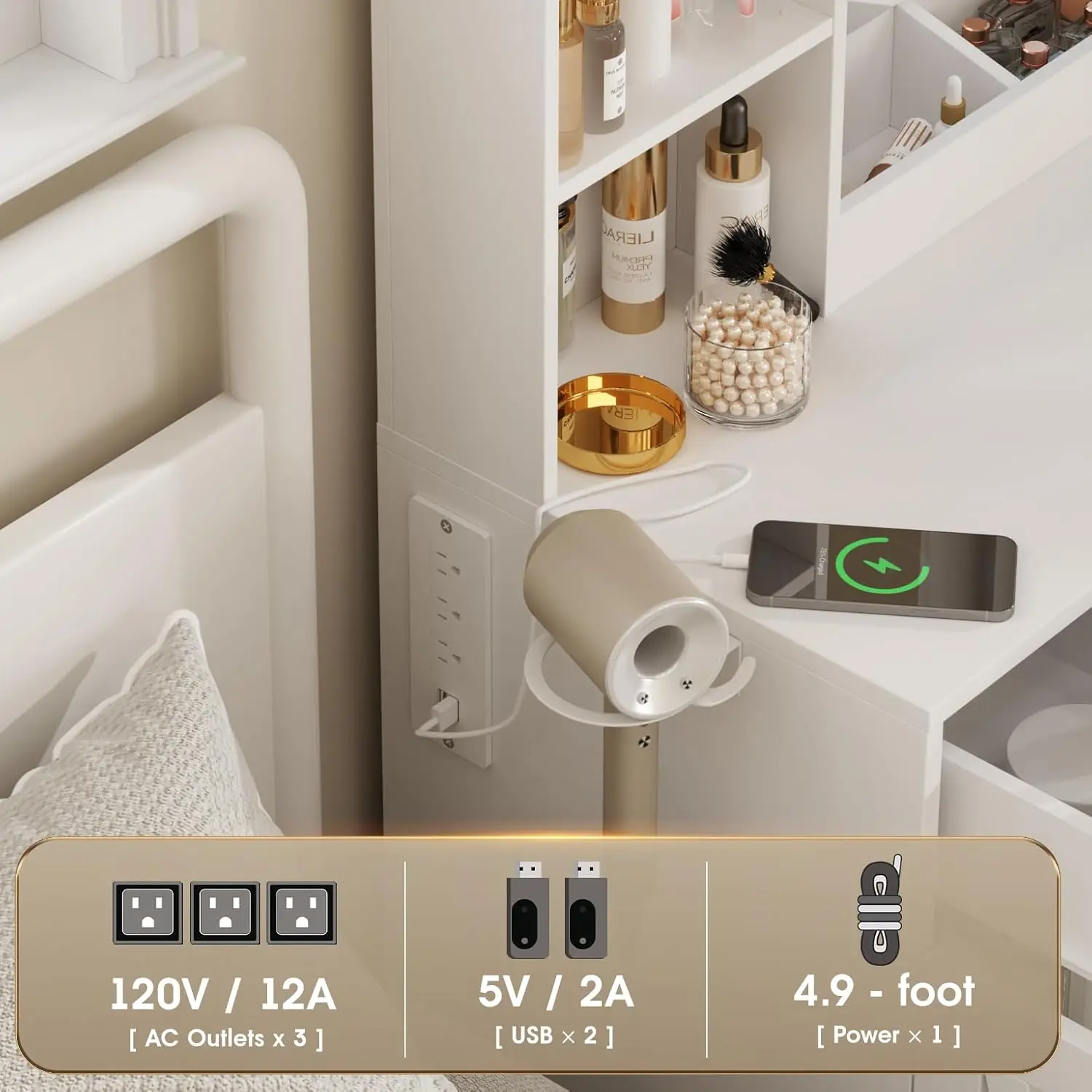 LED 조명이 있는 화장대, 서랍 3개, 캐비닛 2개, 조명 조절 가능, 흰색