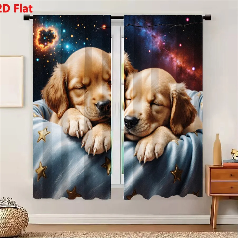 2Pcs Curtains 2D Flat Golden Retriever Puppies Sleeping On Light Blue Star-Patterned Blanket With Vibrant Starry Night Sky Backg