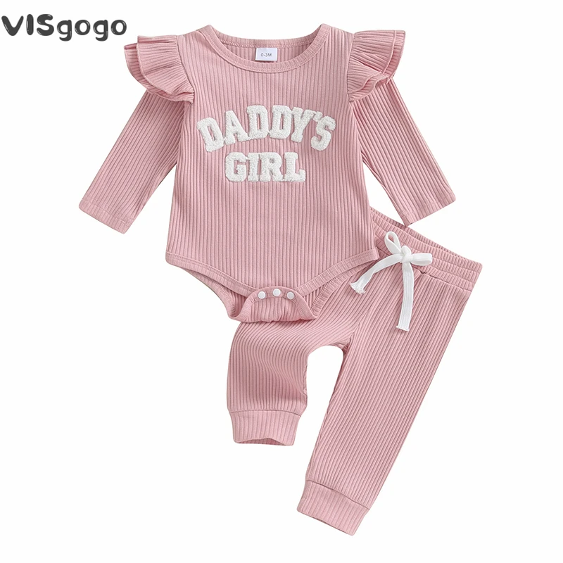 

VISgogo 2 Pcs Baby Girls Clothes Set Plush Letter Embroidery Ribbed Long Sleeve Romper and Elastic Sweatpants Spring Fall Outfit