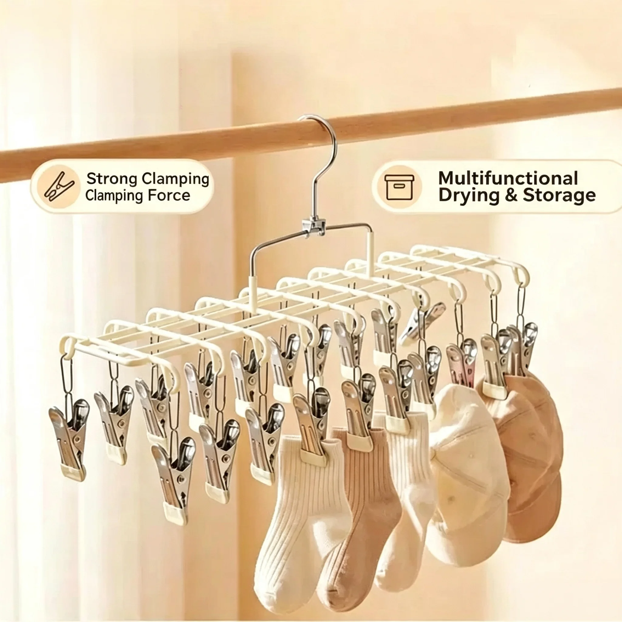 Windproof Multi Clip Sock Underwear Drying Hanger Stainless Steel Dorm Laundry Rack