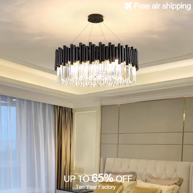 

Black Stainless Steel Modern Luxury LED Crystal Bar Chandelier for Living Room Ceiling Light Indoor Home Decoration Lighting