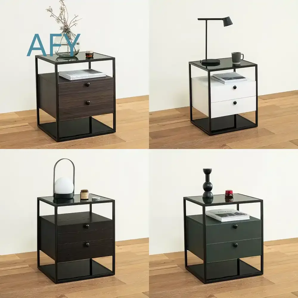 Italian Minimalist Bedside Table for Nordic Style Bedroom Wrought Iron Cabinet Modern Light Luxury Solid Wood Drawer