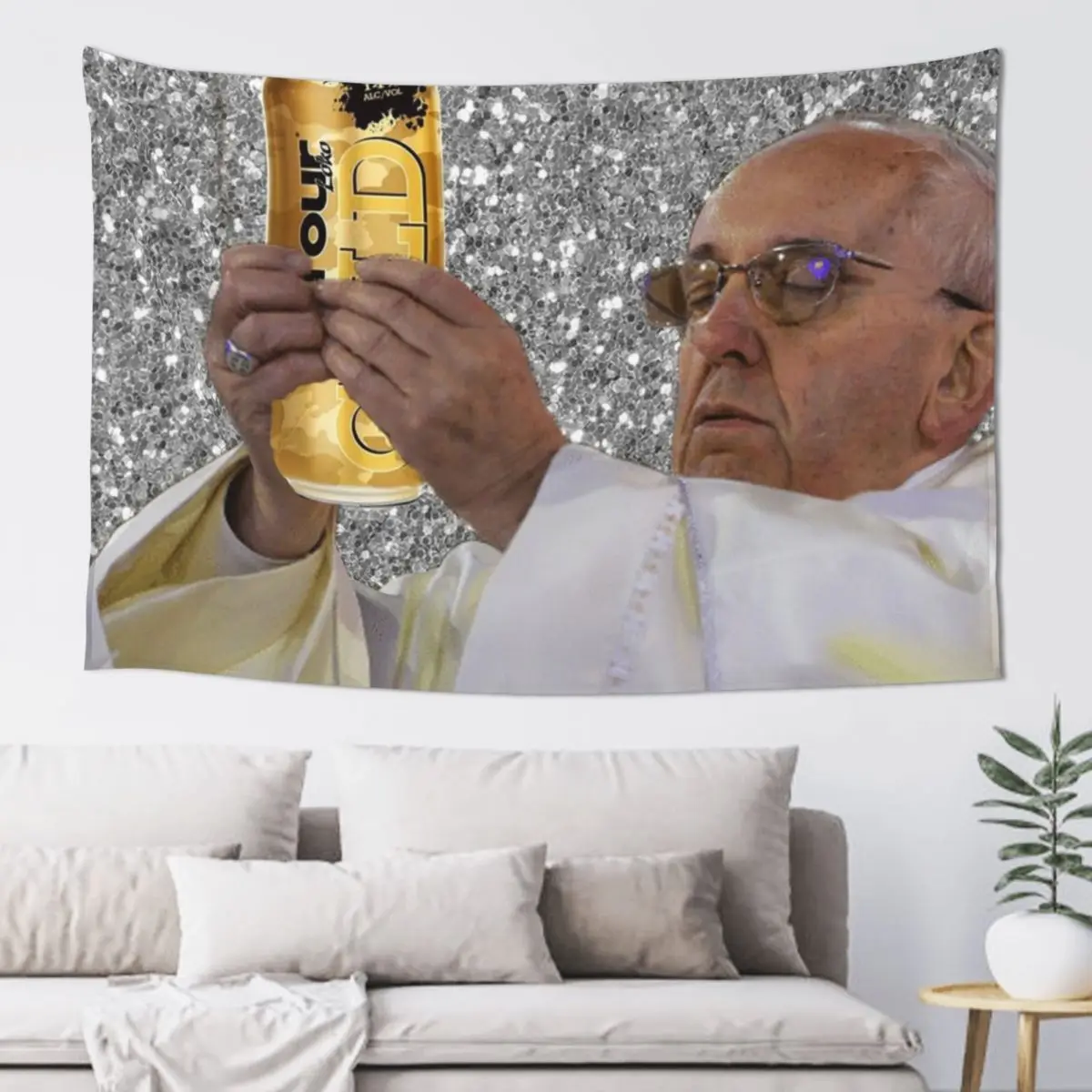 

Pope with Gold Four Loko Tapestry Custom Funny Wallpaper Bedroom Aesthetic Home Decor Tapestry