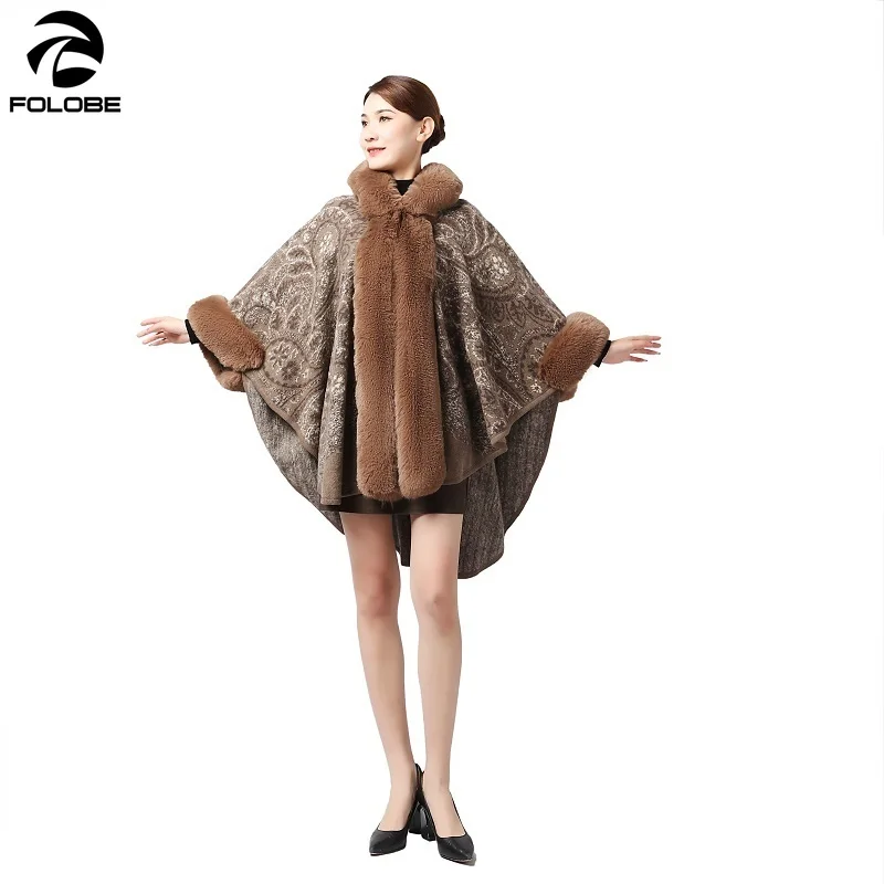 

FOLOBE Rex Rabbit Fur Collar Jacquard Hooded Shawl Cloak Plus Size Woolen Coat Cardigan 3/4 Sleeve Thicken Women Woolen Coat