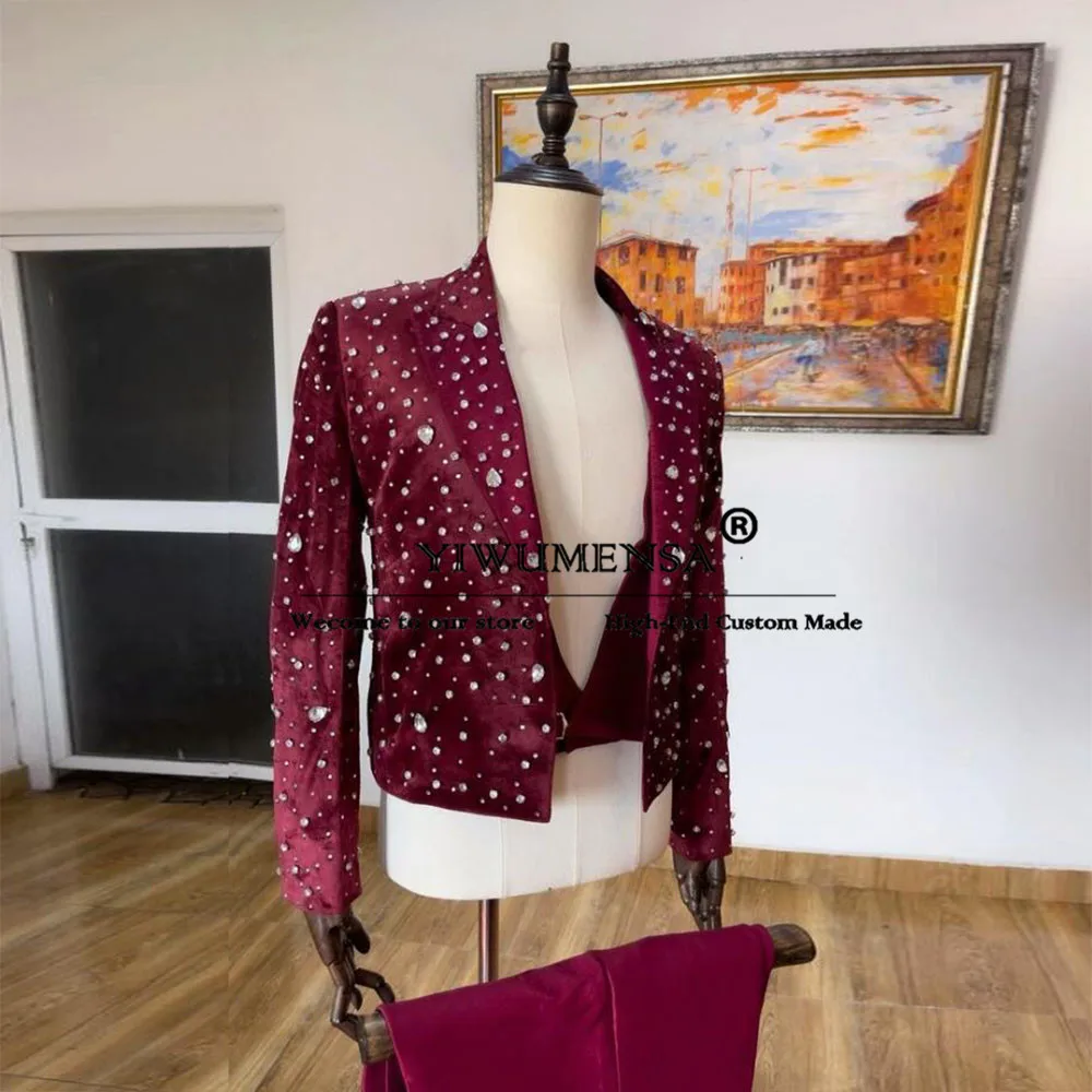 

Latest Design Burgundy Suits Men For Wedding Full Crystals Beaded Jacket Pants 2 Pieces Groom Tuxedos Man Business Prom Blazers