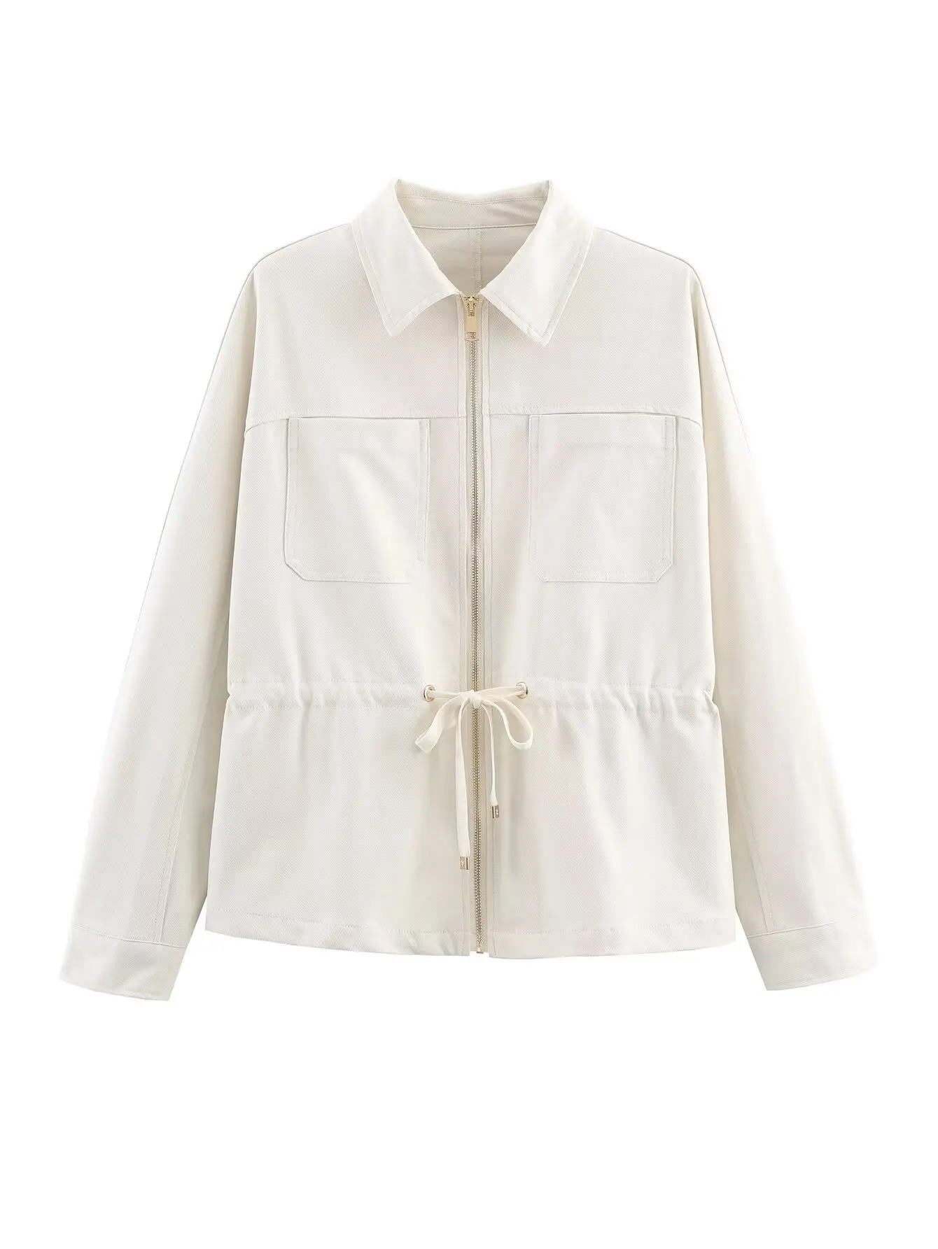 

Women Turn-down Collar Zipper White Khaki Coat Drawstring Waist Outwear Jackets