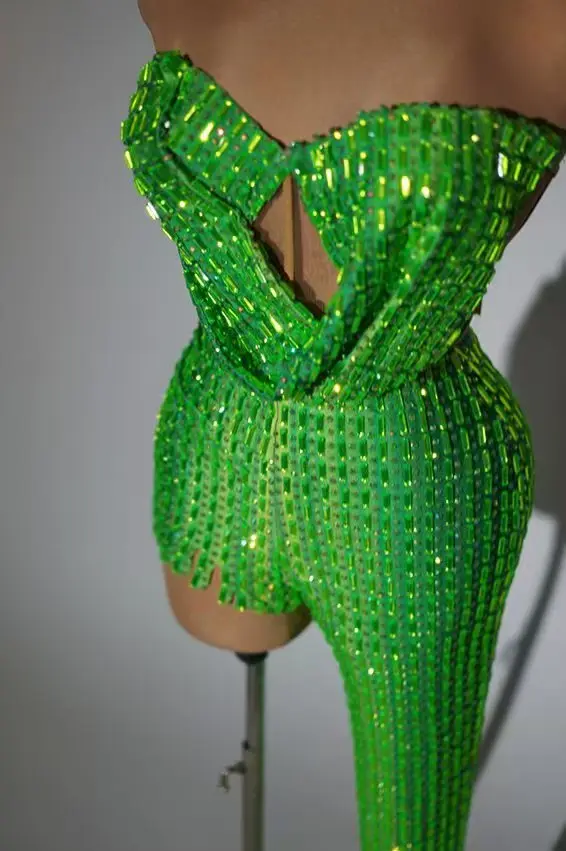 Sexy Stage Sparkly Green Rhinestone 2piece Set Club Short Jumpsuit Luxury Women Carnival Party Dance Troupe Bodysuits Fugui