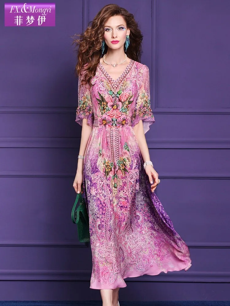 silk printed flower hippie style double crepe ironed vacation long dress