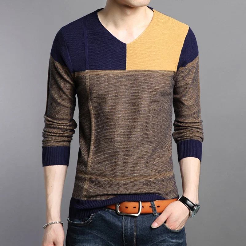 Maglione lavorato a maglia maschile autunno Casual Patchwork maglione da uomo moda Slim Pullover lavorato a maglia da uomo con scollo a v manica lunga abbigliamento da uomo