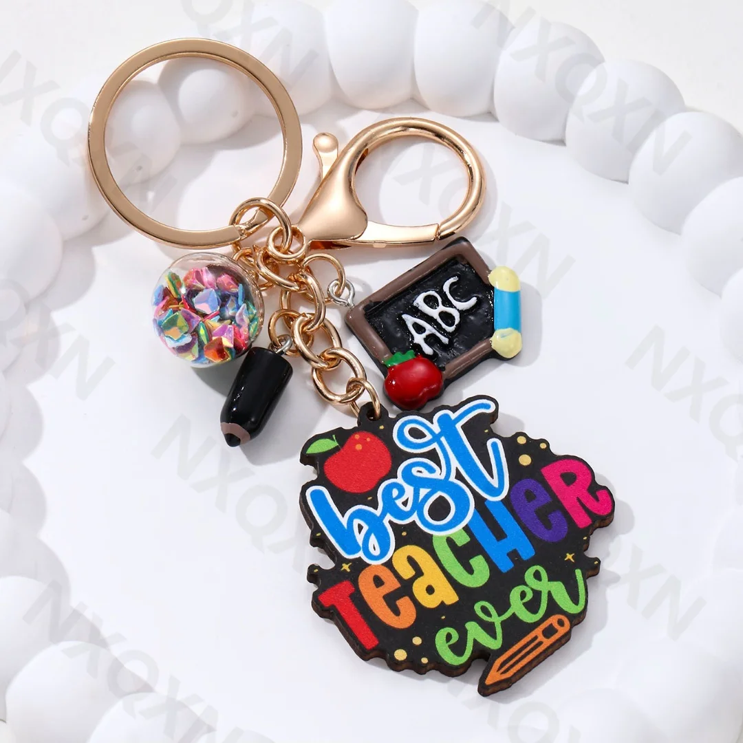 Cute Blackborad Pencil Heart Wooden Keychain Rainbow Apple Pendants Key Ring For Teachers Gift On Teacher\'s Day Handmade Jewelry