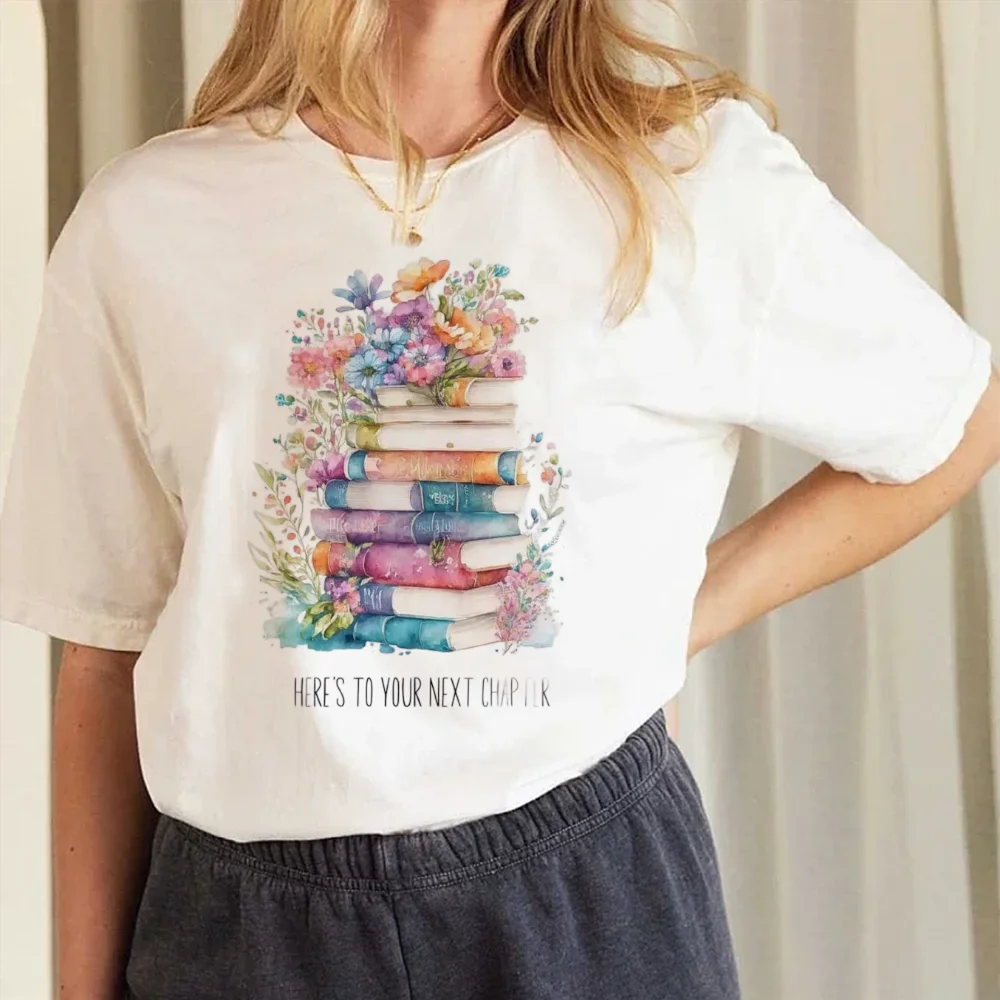 Short Sleeved Floral Book Printed Pattern Top T-Shirt Cute 90s Fashion Plus Size Simple Casual Women's Trendy Versatile T-Shirt