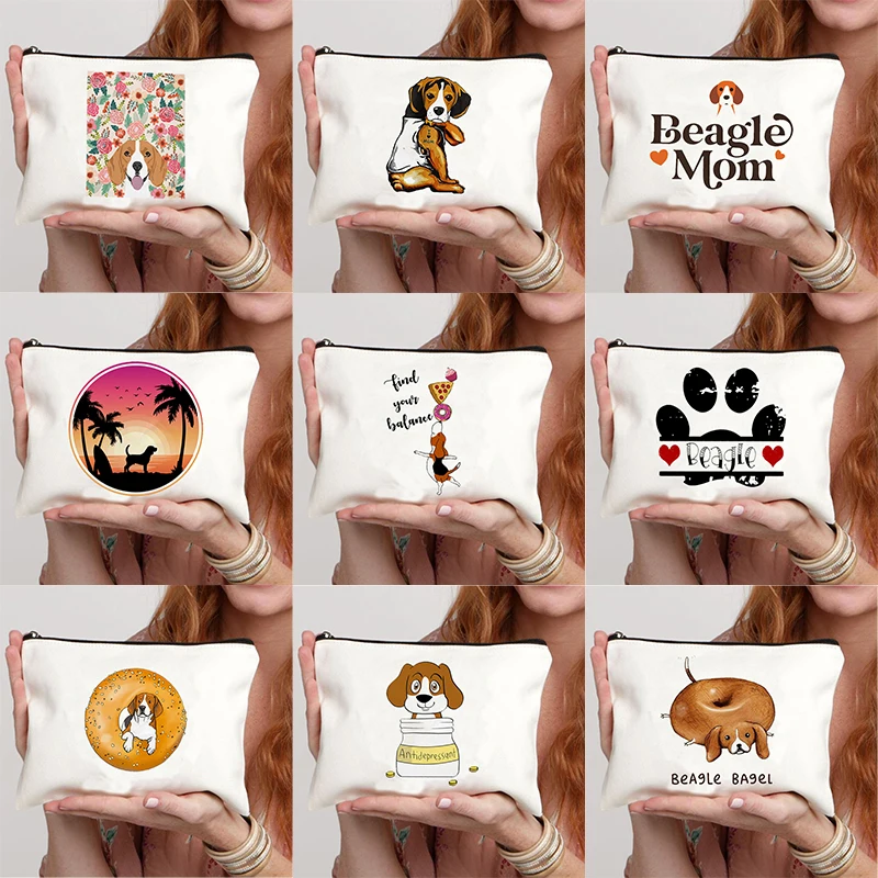 Cute Pet Puppy Beagle Printing Canvas Zipper Makeup Bag Pencil for School Suitcase for Professional Nails Kawaii Organizer Bag