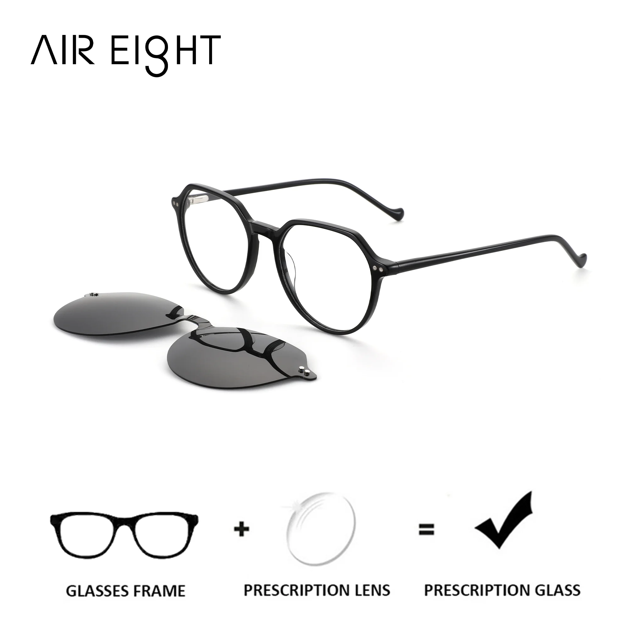 aireight-手作りアセテート多角形近視磁気クリップオン処方眼鏡抗青色光累進メガネ女性用