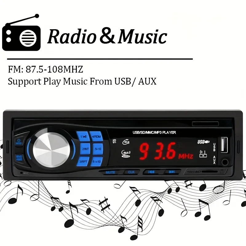 Car Radio 1 DIN Stereo Hands Free Calling Music TF Card USB AUX Input FM Radio Receiver MP3 Player