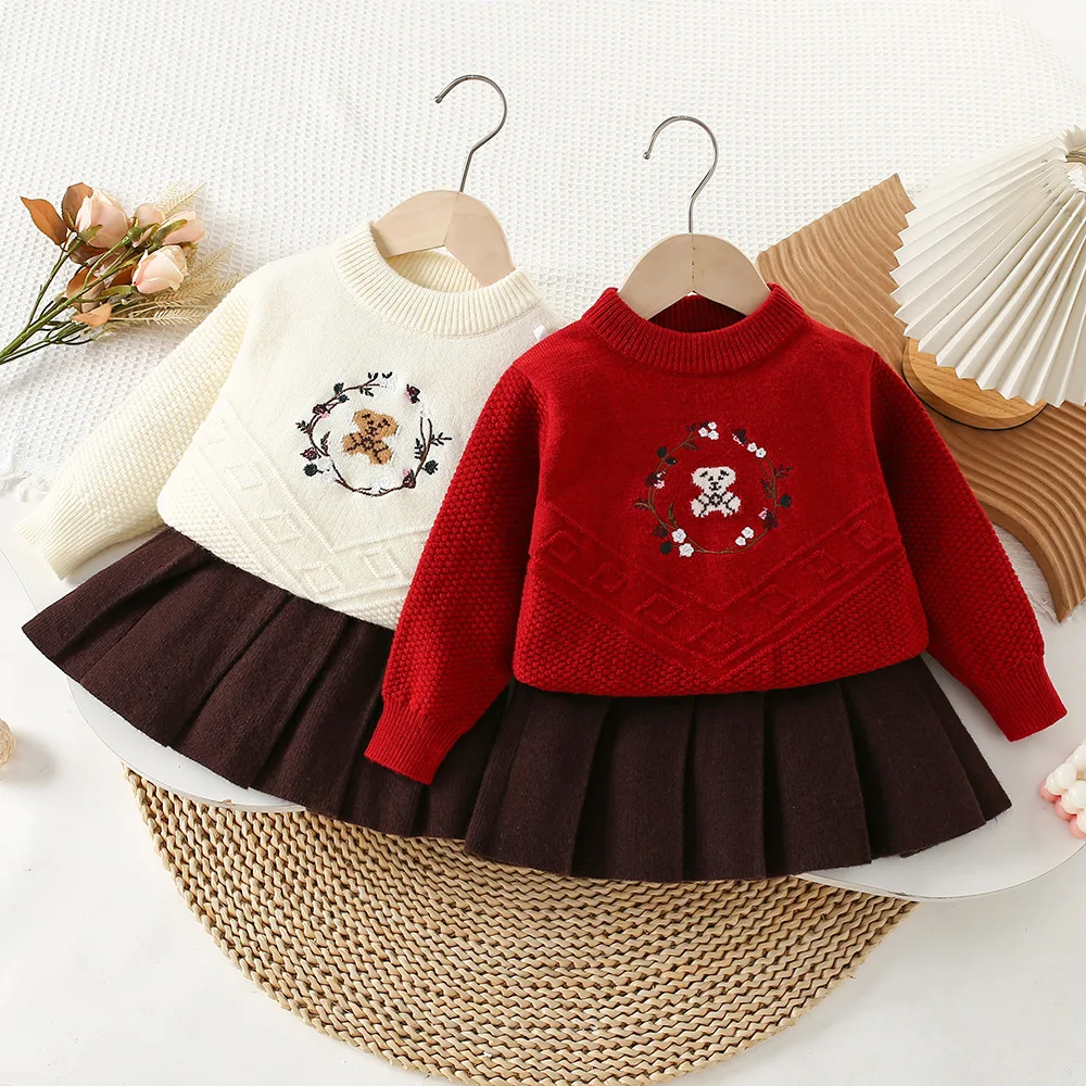 

Girls Clothes Sets Autumn Winter Children Woolen Jersey Sweaters Tops Skirts Kids Princess Dress Suit For Baby Knitted Outfits 3