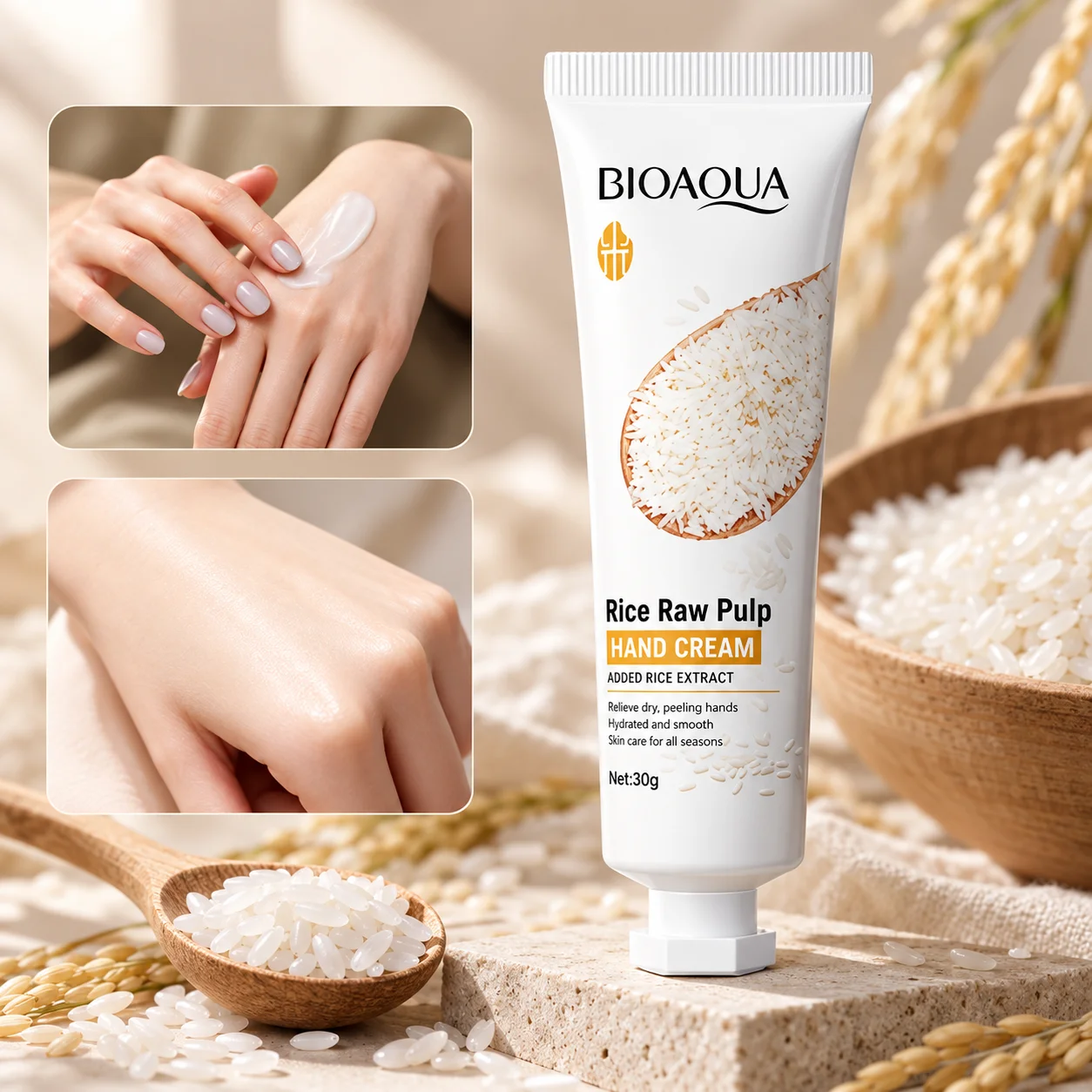 Rice Hand Cream 30g Moisturizing Hand Lotion with Rice Extract Nourishing Non Greasy Hand Care for Dry Hands and Daily Use