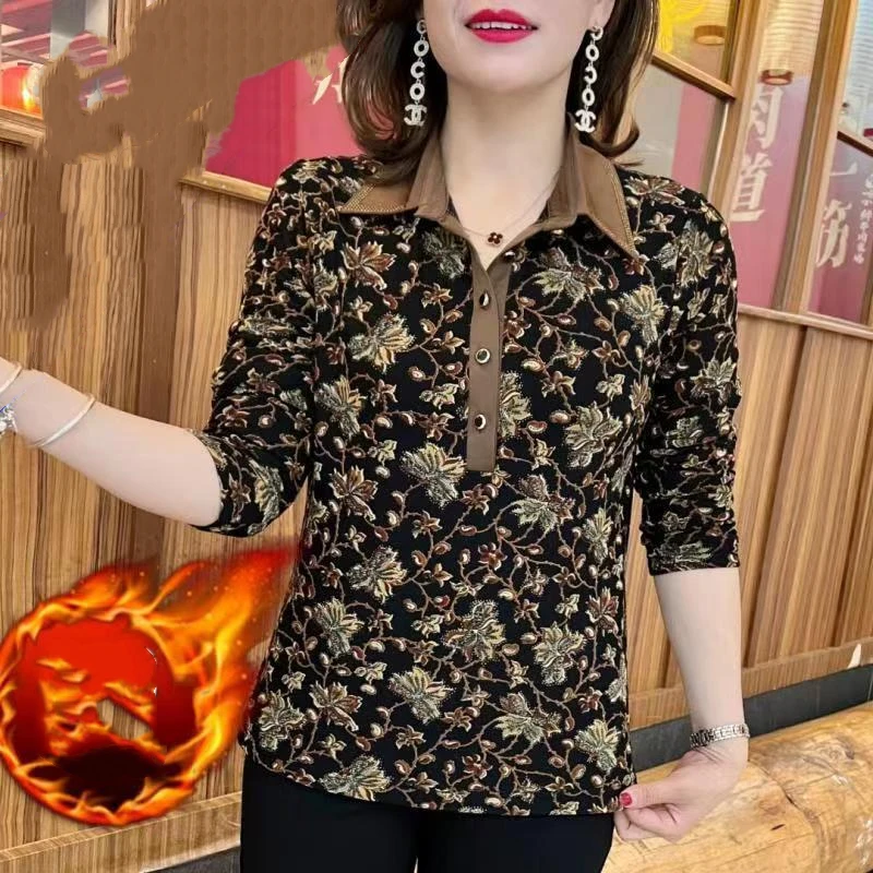Moms Plus Size Floral Print Base Shirt Polo Collar Fleece Lined Long Sleeve Blouse Autumn Casual Top
