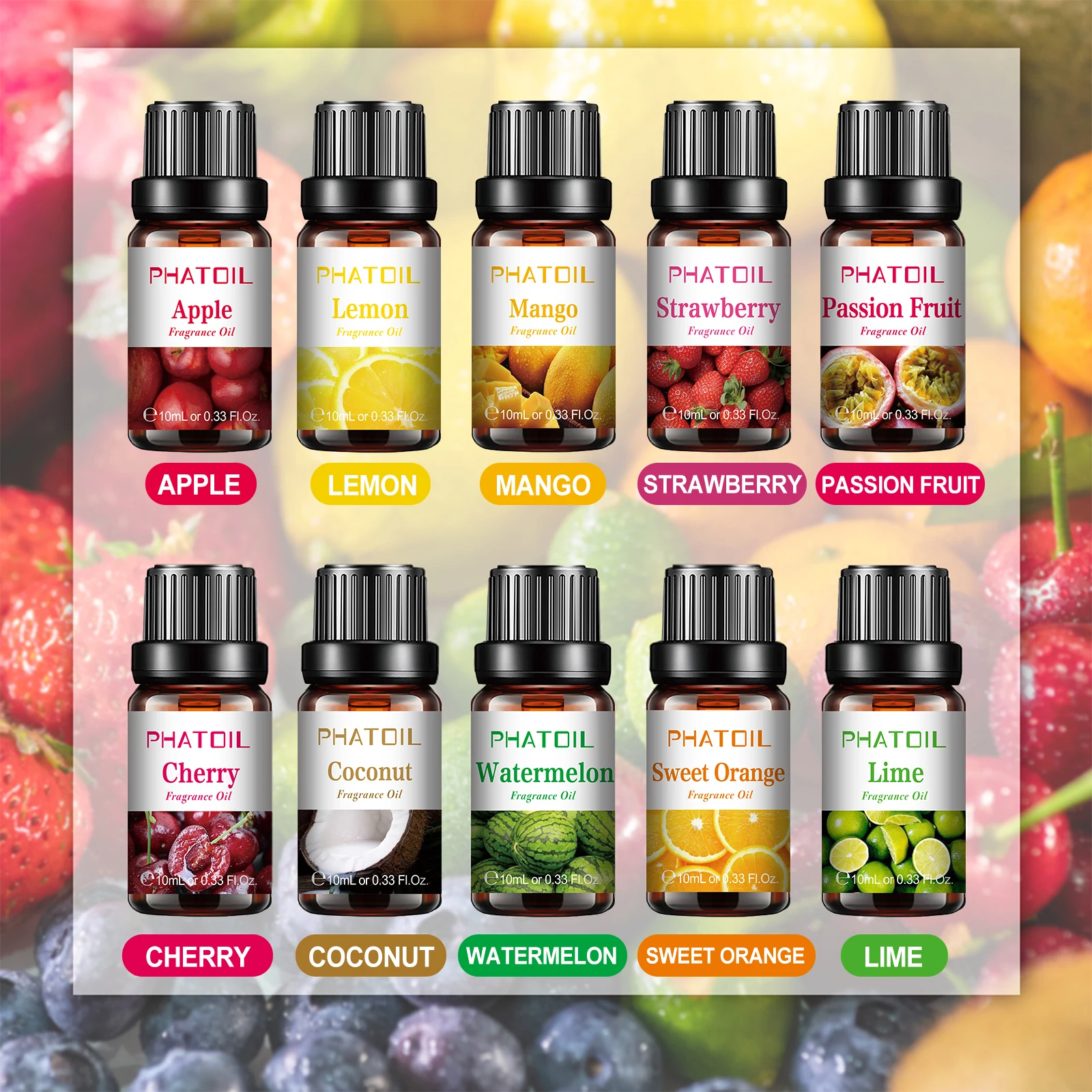 PHATOIL 10pcs Fruity Fragrance Oils Set - 10ml Strawberry Coconut Lime Mango Watermelon Banana Apple Lemon Cherry Passion Fruit