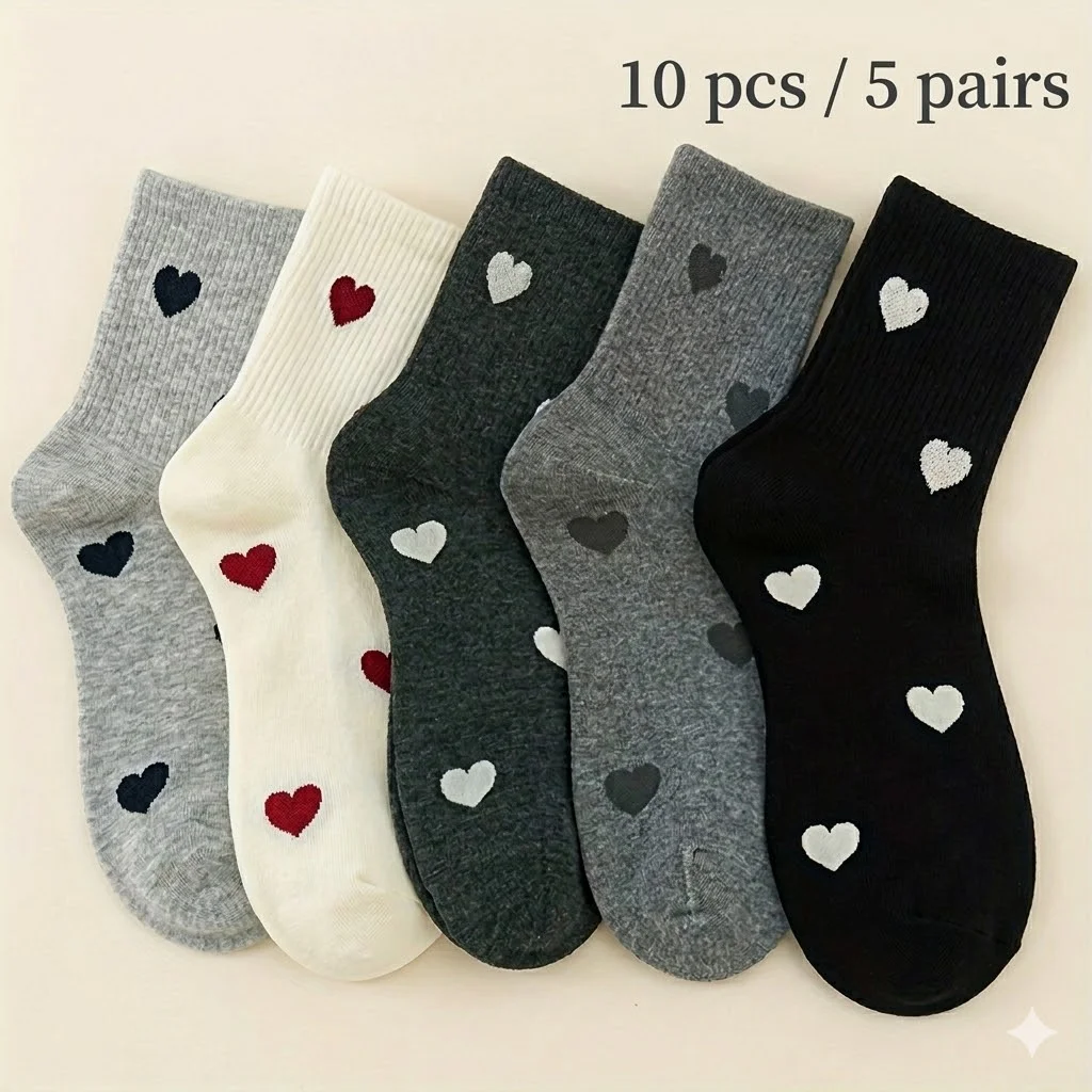 5 Pairs Women Heart Pattern Mid-Calf Socks Soft Breathable Crew Socks Casual Comfortable Daily Wear Couple Socks