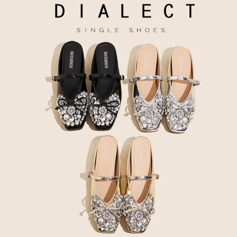 

Женские туфли на плоской подошве с жемчужным бантом, сандалии с пряжкой и носком, женские лоферы с квадратным носком и неглубоким носком, модная удобная обувь