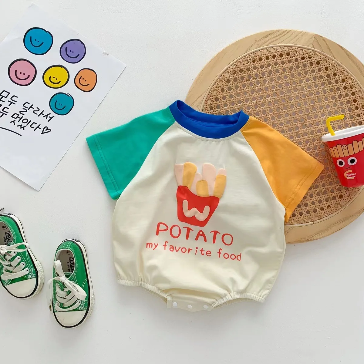 Summer Cute French Fries Print Baby Bodysuits Color-Blocked Loose Fit for Boys Girls cotton Infant Rompers Jumpsuits with Sock