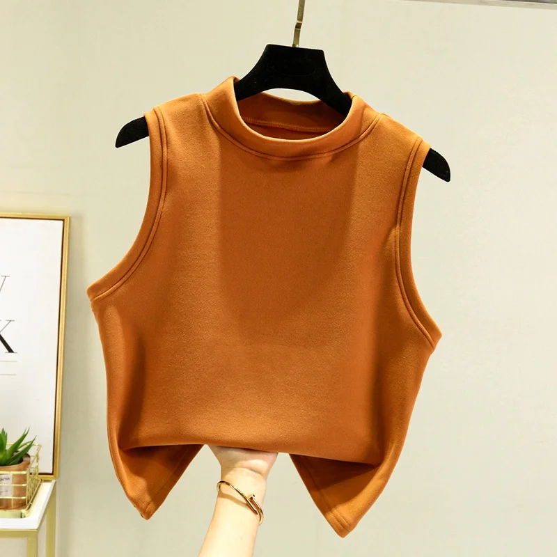 Thickened High Collar Sleeveless Vest Women's Inner Wear Flocking T-Shirt Fleece Lined Slim Fit Base Shirt Autumn Winter Warm