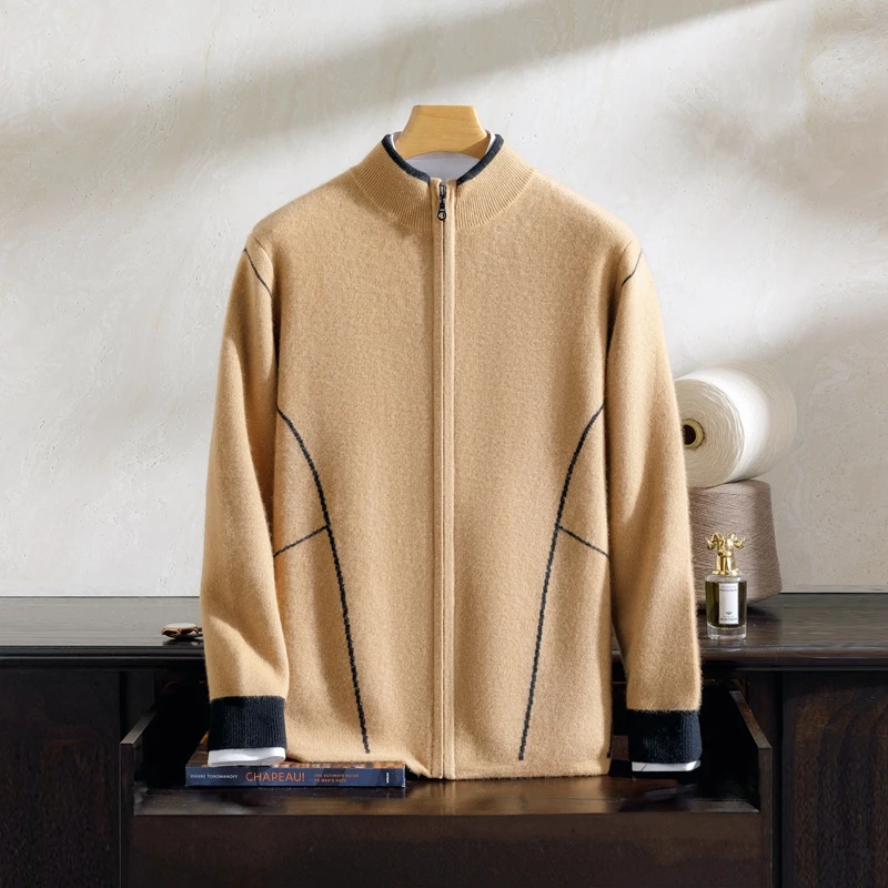 

A-Class 100% Pure Cashmere Coat Men's Seven Needle Thick Jacquard Cardigan Casual Contrasting Sweater Winter Warm Men's Clothing