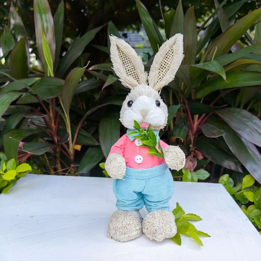 New High-25cm Straw Rabbits Handmade Hand Weave Rabbit Straw Figures Photography Props Gift Standing Rabbits Easter Party