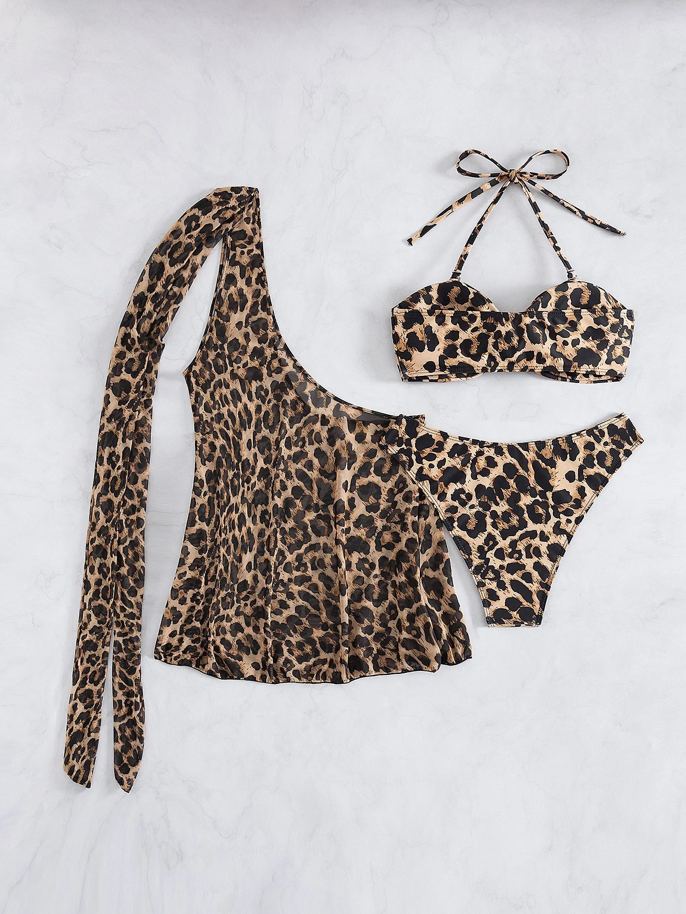 Women's 3-Piece Leopard Micro Bikini Set Sexy Halter Neck Swimwear One Shoulder Blouse Cover-Up Animal Printed Swimsuit Holiday
