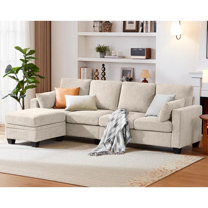 Corduroy Modular Sectional Couch with Ottoman Chaise, L Shaped 4-seat Sofa for Living Room, Apartment, Lounge, Modern