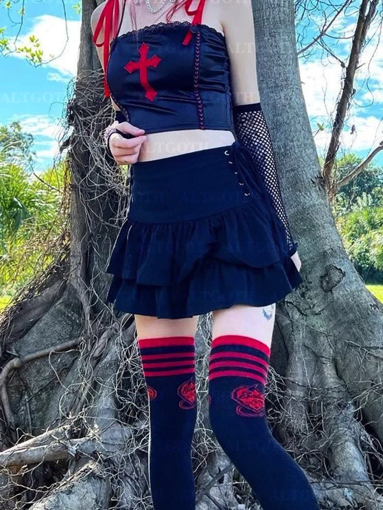 AltGoth Y2k Gothic Cake Skirt Women Dark Punk Streetwear Bandage High Waist Skirt Harajuku Grunge Emo Alternative Clubwear Skirt