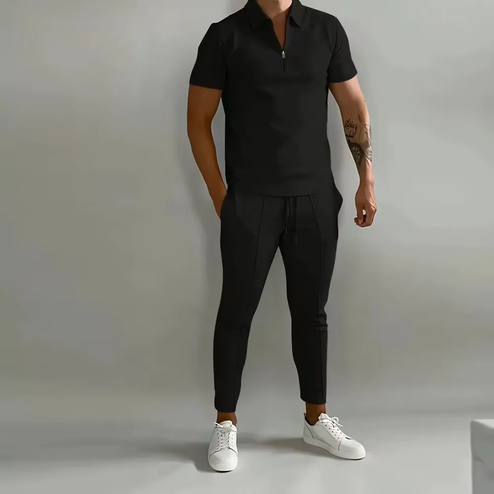 Summer Men\'s T-shirt Set Casual Lapel Zipper Short Sleeve+Trousers Two piece set Fashion Fast Drying Fitness Sports Polo Shirt