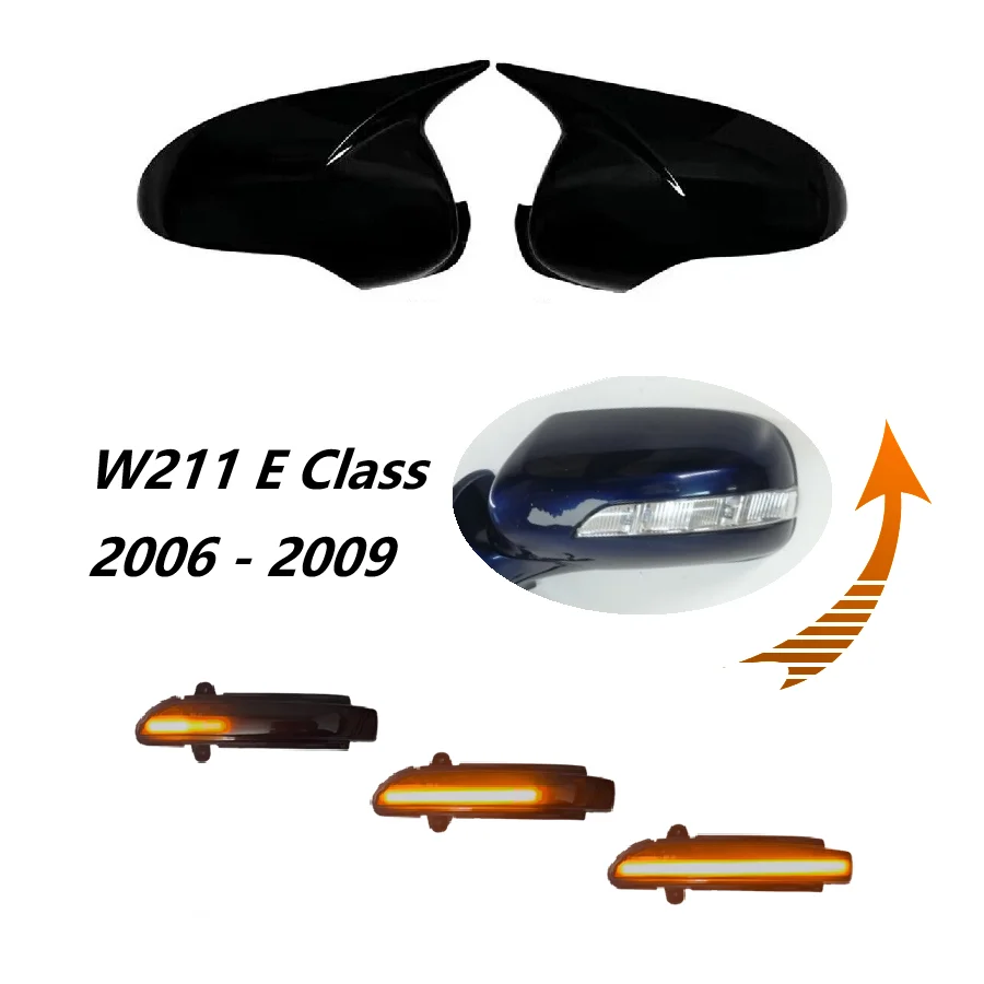 

Для Mercedes Benz E Class W211 2006 2007 2008 2009 глянцевый черный рожок, стильное крыло, наклейка на крышку динамического мигалки, обновленный комплект