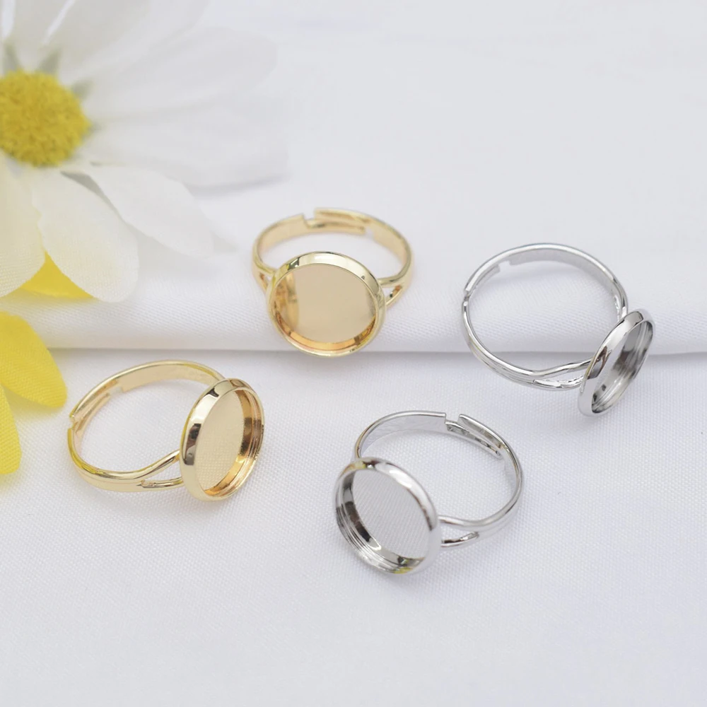 3Pcs Brass 14K Gold Plated Adjustable Glue on Ring Base Setting Flat 12mm Round Blank Bezel Tray For Diy Statement Ring Jewelry