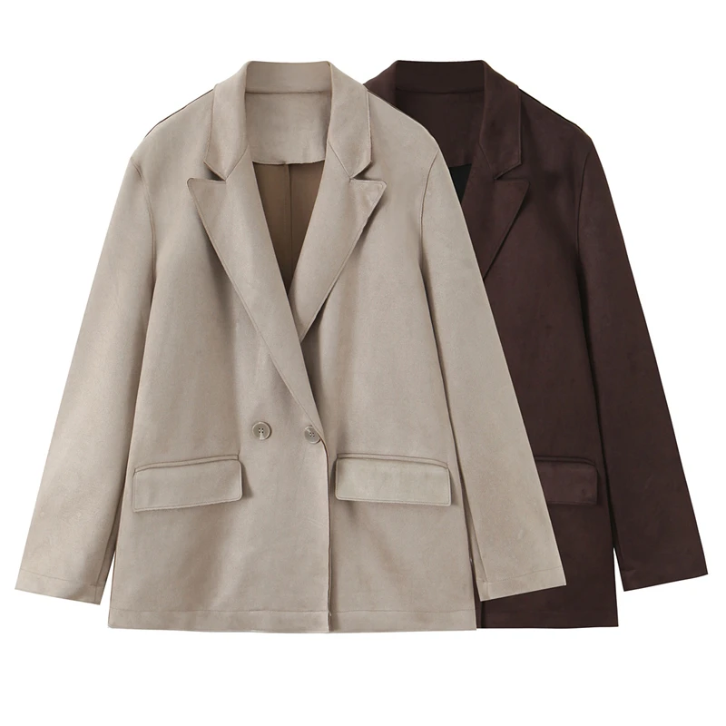 Guobioziy 2026 Autumn Suede Blazer Jacket Minimalist Style Double Breasted Notched Lapel Loose  Casual Outerwear Pockets