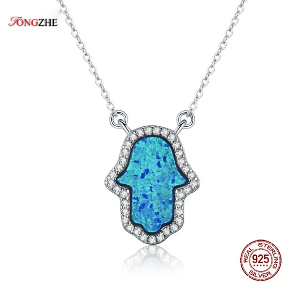 

TONGZHE Luxury Synthetic Opal Hamsa Hand Pendant Necklace Sterling Silver 925 Jewelry Necklace Women Cable Chain 16"+2" Extender