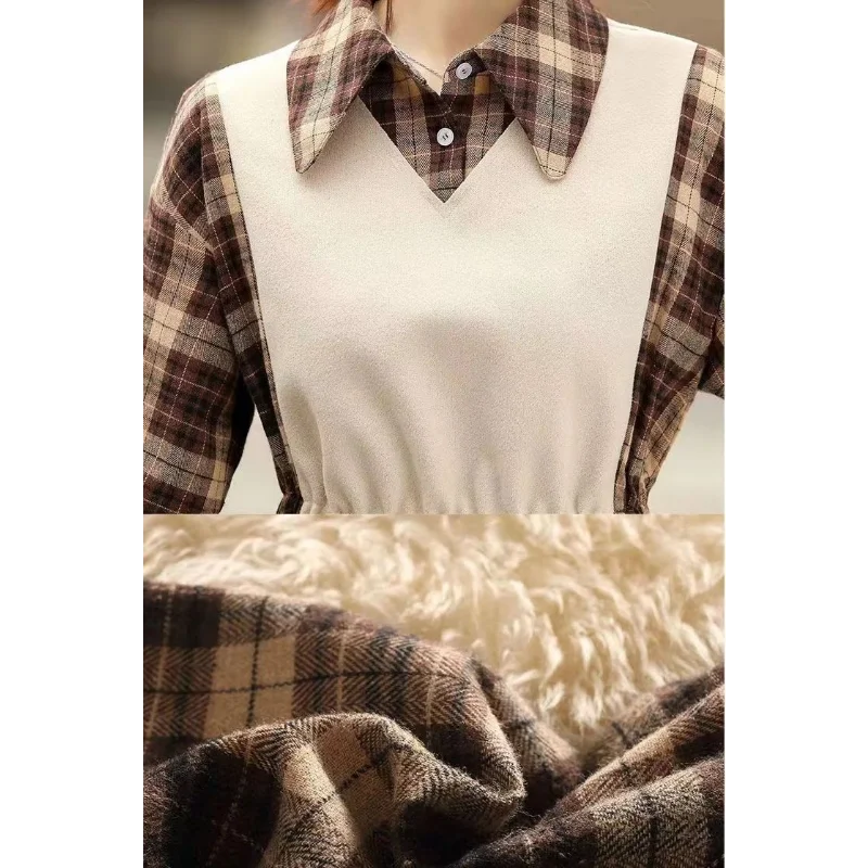 Primavera otoño cuello vuelto a cuadros jersey de mujer botón manga larga Patchwork camiseta Casual falso dos piezas Tops