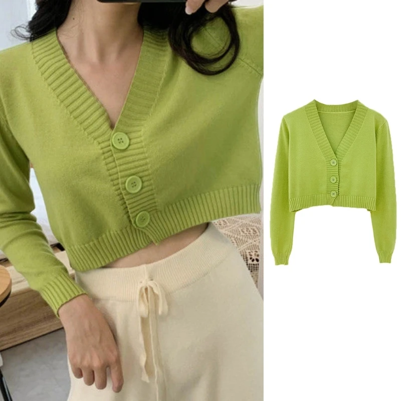 Y166 Women Autumn Long Sleeve Sweater Cardigan Sexy V-Neck Button Down Cropped for Jacket Sweet Solid Candy Color Loose Knitted