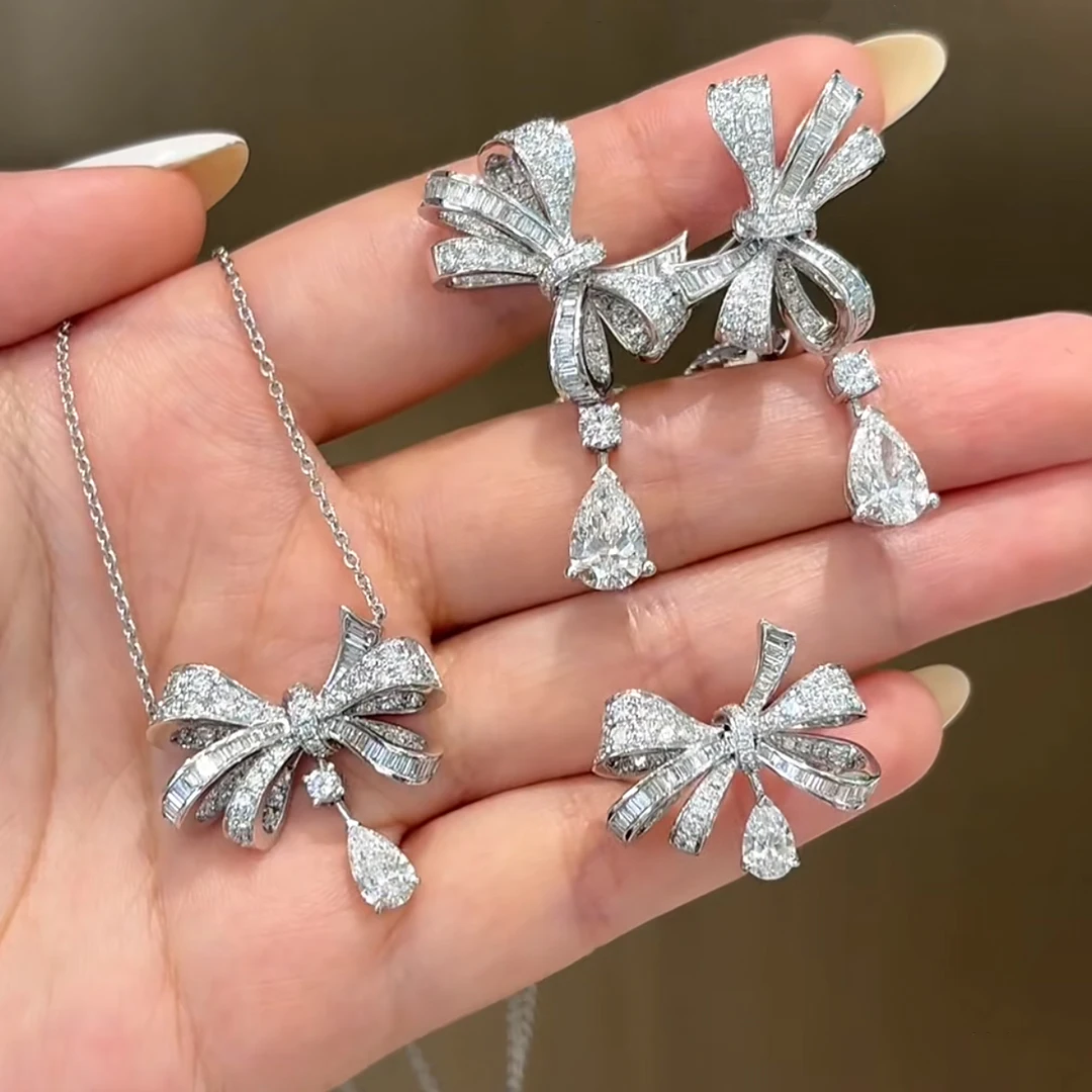 

Серьги и колье из серебра 925 пробы с золотым покрытием, классическая серия «Бант», полностью инкрустированные бриллиантами