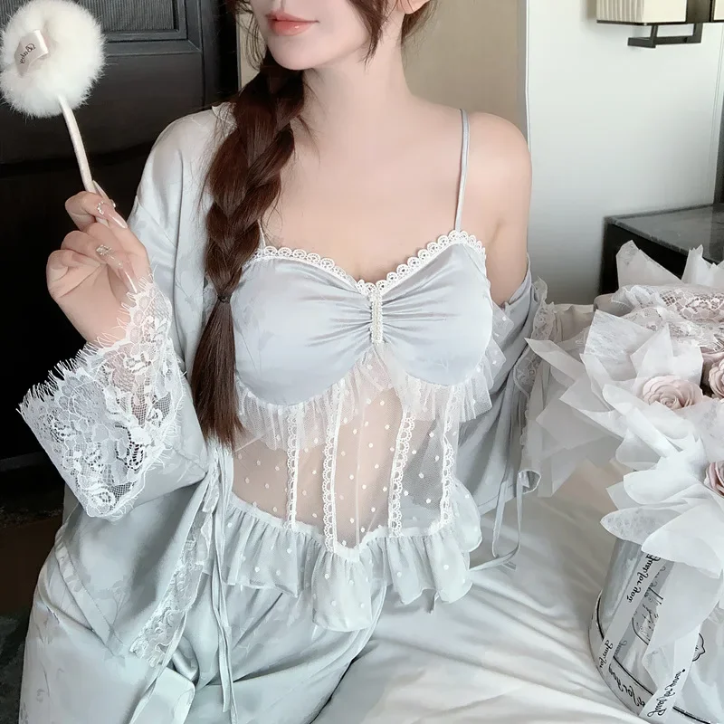 

Синий женский жаккардовый пижамный комплект из 4 предметов, сексуальная лоскутная кружевная одежда для сна, интимное белье, свободный атласный пижамный костюм, домашняя одежда