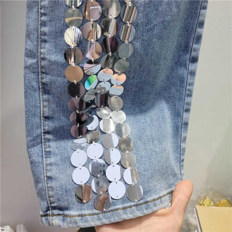 2024 Spring Summer Women Fashion Glitters Bling Bling Wide Leg Denim Pants , Woman Dot Sequined High Waisted Jeans Trousers