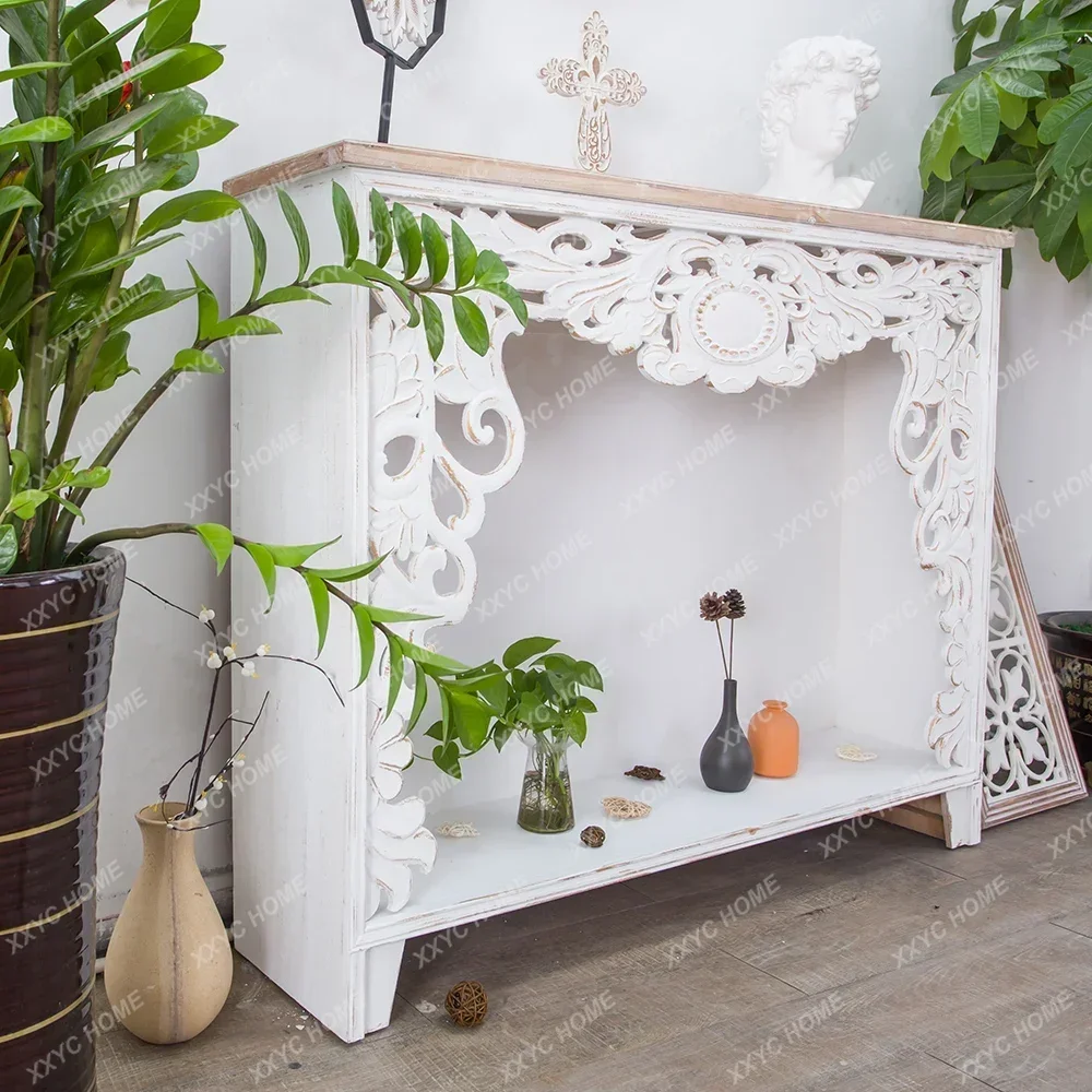 LDecorative Cabinet Vintage Country Solid Wood  Carved Entrance Cabinet Living Room Bedroom Villa