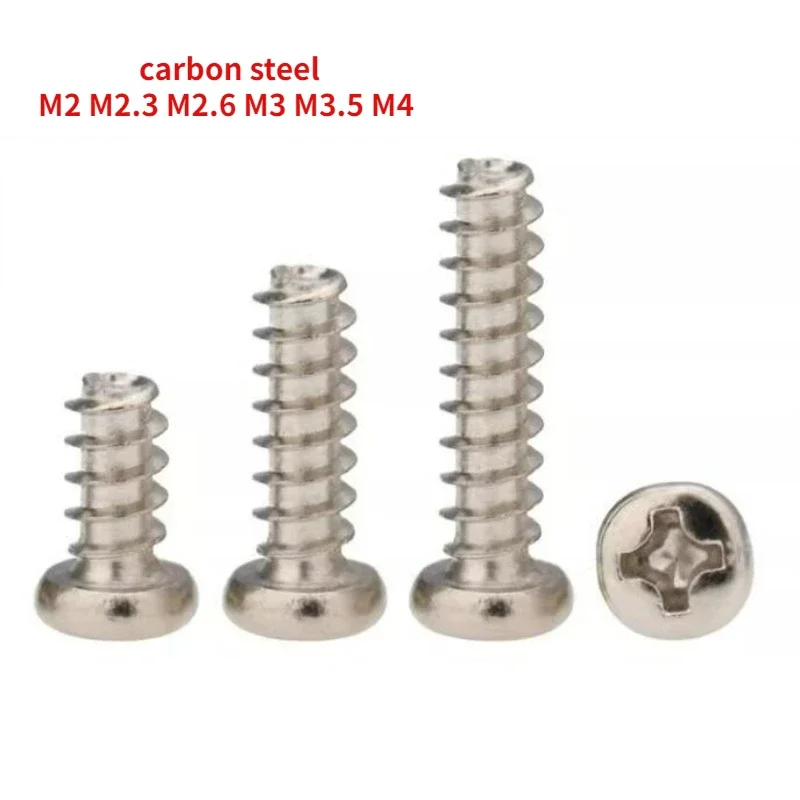 100-500pc M2 M2.3 M2.6 M3 M3.5 M4 Carbon Steel Cross Round Head Cutting Tail Self Tapping Nickel Plated Cross Self Tapping Screw