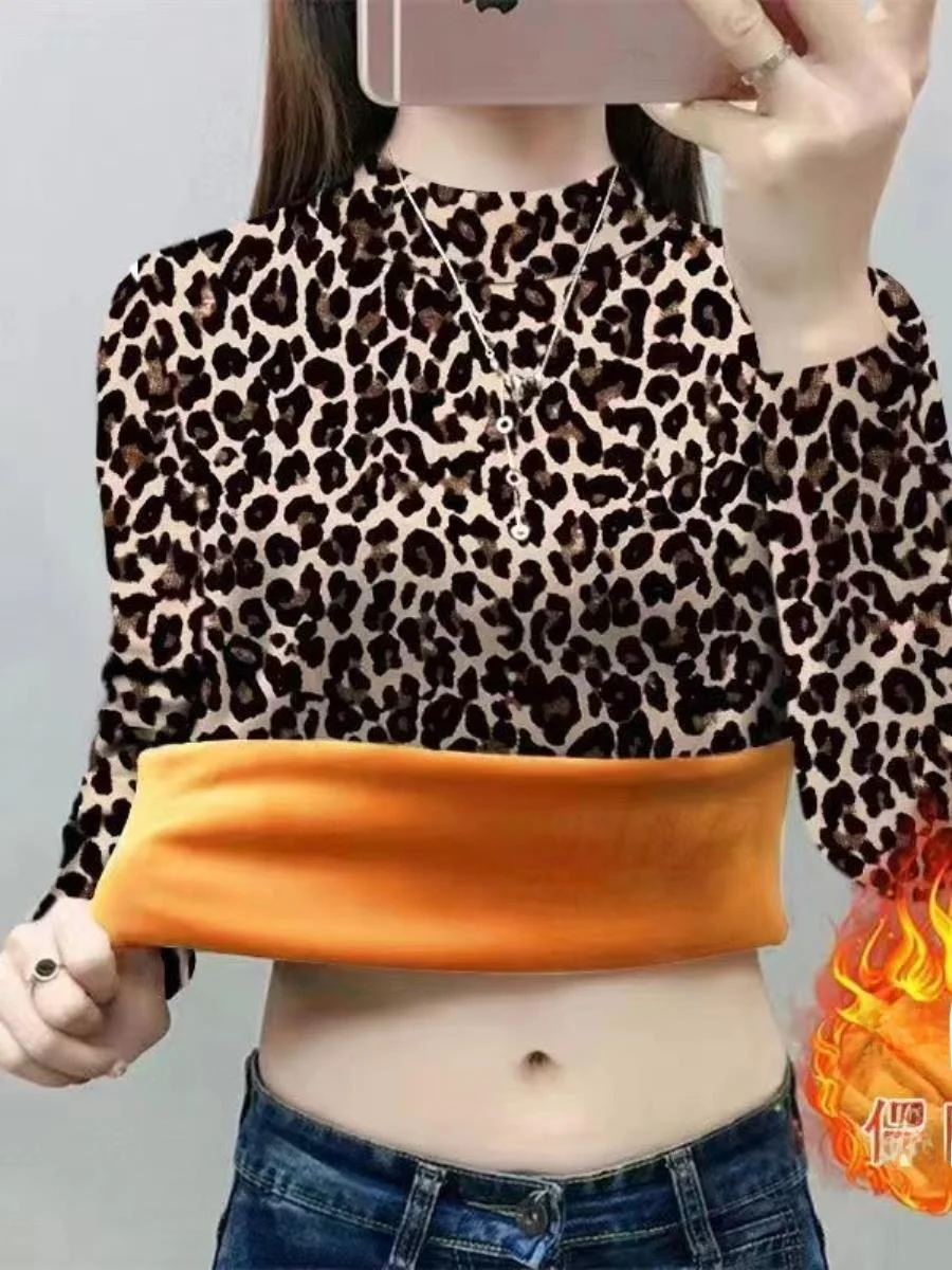 厚手フリースハーフハイカラー長袖プリントベースシャツ冬新作おしゃれママゆったり服ツーピースセットベースシャツ