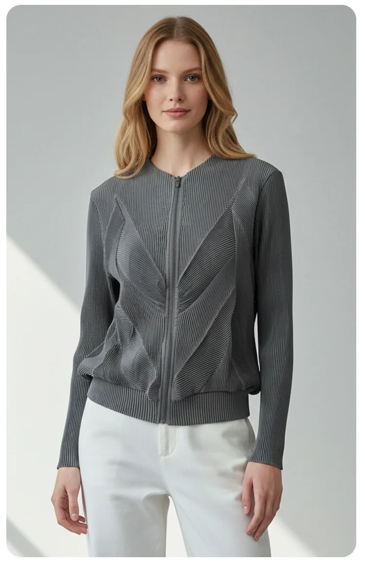 Elegant Women's Spring/Summer Textured Pleated Zipper Long-Sleeved Slim Fit Casual Cardigan Jacket