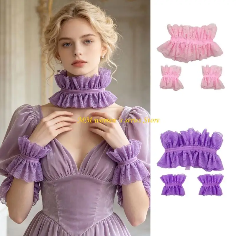 Q39C Matching Lace Collar and Wrist Cuffs Accents with Gathered Layered Construction for Dresses, Sweaters, and Clothing Layers