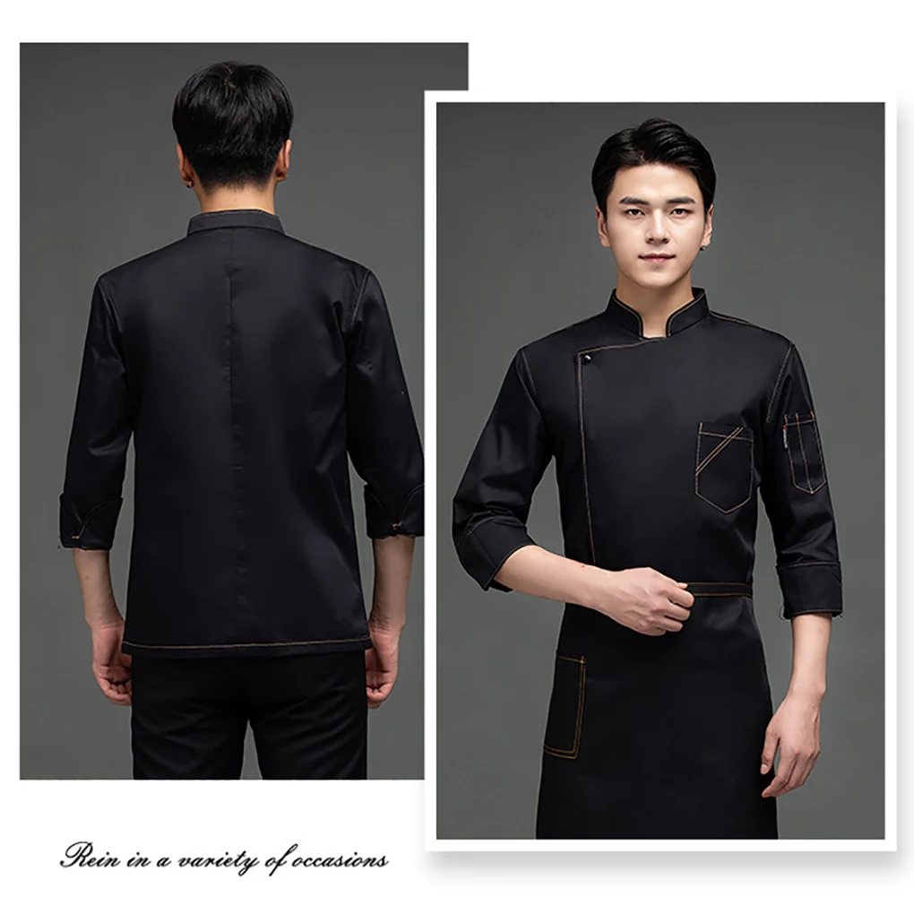 Chef Uniform Polyester Warm Chef Coat with Front Pockets Oblique Collar Suits for Men Catering for Coffee Bar Black 3XL